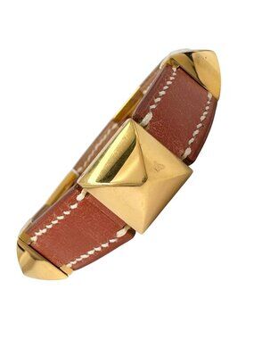 Hermes Leather Metal Brown Bracelet Gold